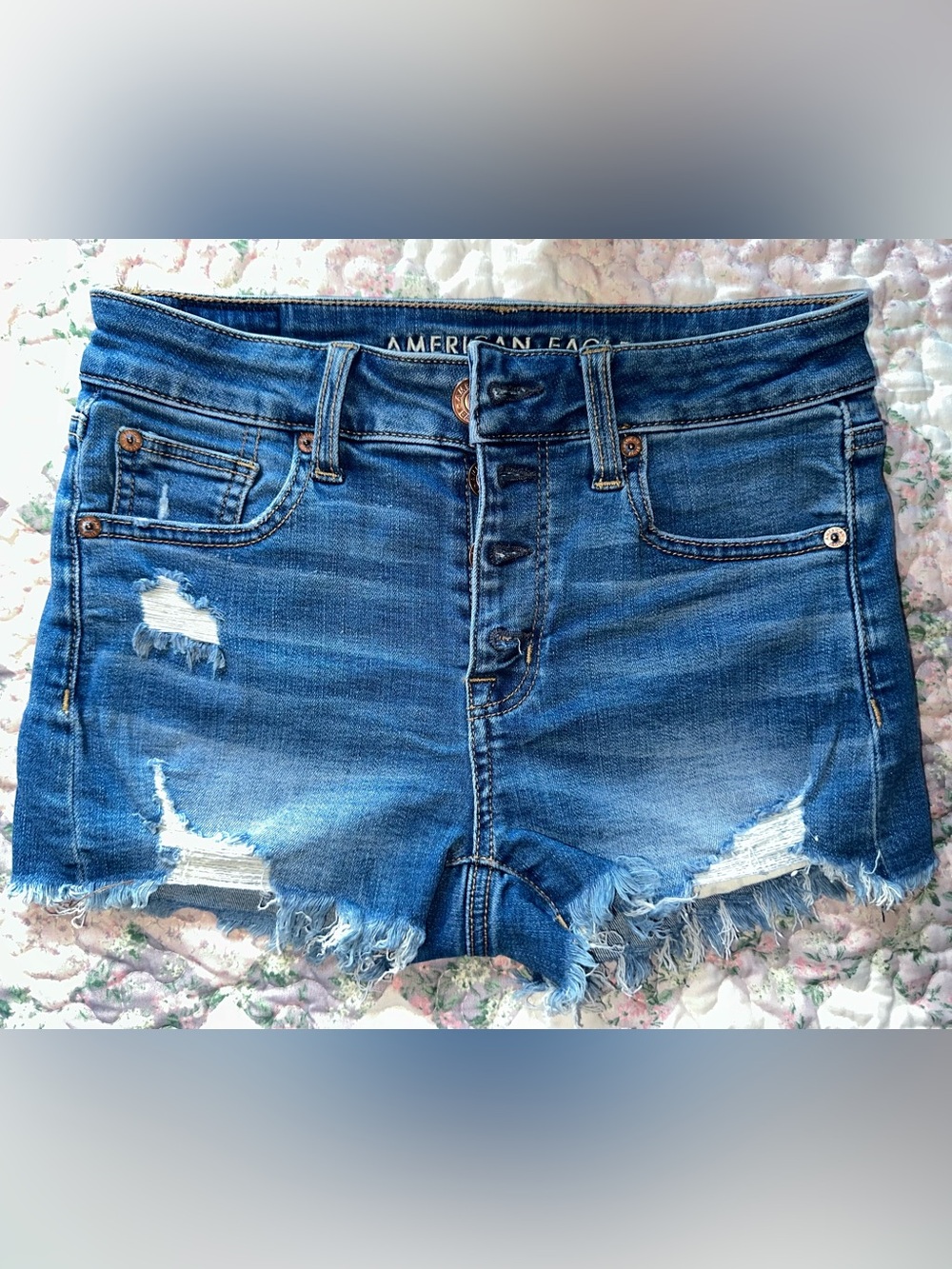American Eagle High Rise Shortie Distressed Button Fly Cut Off Denim Shorts